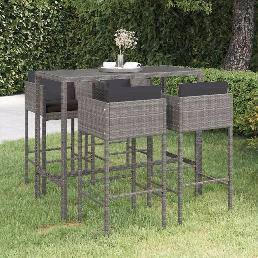 Set da Bar da Giardino vidaXL in Polyrattan e Metallo con Cuscini e Tavolo in Vetro, 5 Pezzi, Grigio