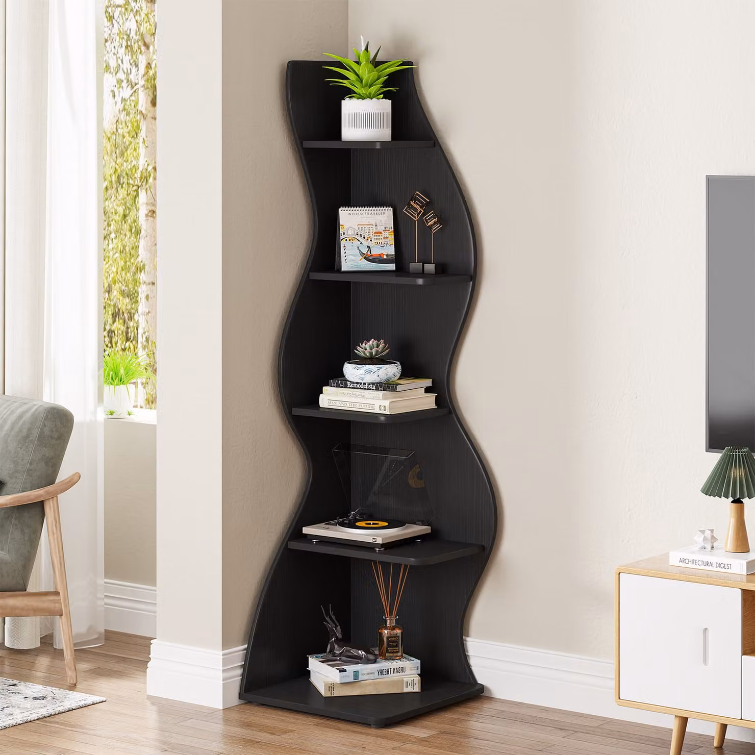 Tribesigns Scaffale ad angolo, altezza 183 cm, scaffale portaoggetti, libreria, porta piante, mobile organizzatore, 5 livelli, moderno, per casa, ufficio, soggiorno, nero