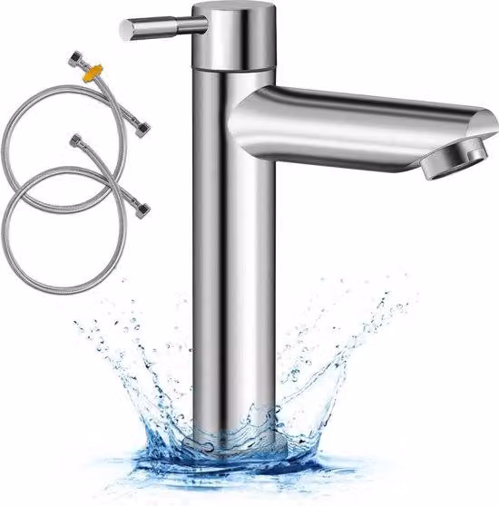 Rubinetto per acqua fredda in acciaio inossidabile, miscelatore monocomando, con tubo flessibile da 80 cm, per bagno e cucina