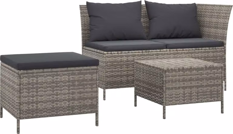 Set Divani da Giardino 3 pz con Cuscini in Polyrattan Grigio