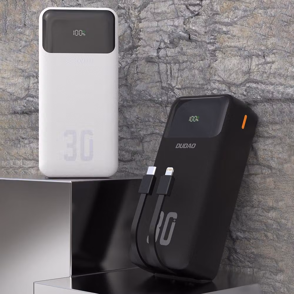 Power bank ad alta capacità da 30.000 mAh con ricarica rapida da 22,5 W e cavi integrati, colore nero