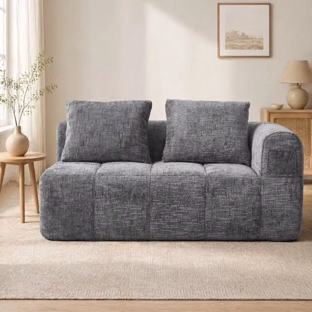 Divano 2 posti con chaise longue in ciniglia grigia; cuscino e tasche laterali HOMVRA