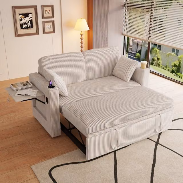 Divano letto estraibile 3 in 1 FOLYNA in velluto a coste bianco con schienale regolabile, porta tazze e ricarica USB