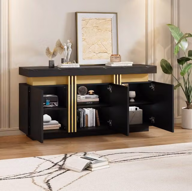 Credenza nera e oro 140 x 38 x 70 cm con 3 ante