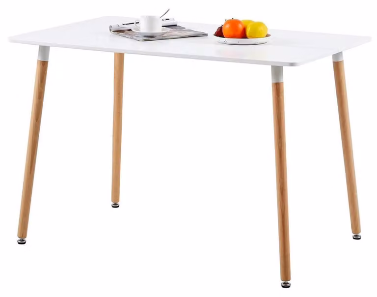 Tavolo da pranzo rettangolare in MDF bianco, con gambe in legno di faggio, dimensioni 110 x 70 x 73 cm, adatto per 4-6 persone