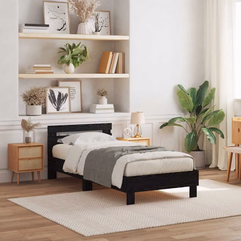 Struttura letto moderna vidaXL in legno Rovere e Nero con strisce LED e porta USB, L/P/H: 190 x 80 x 70 cm
