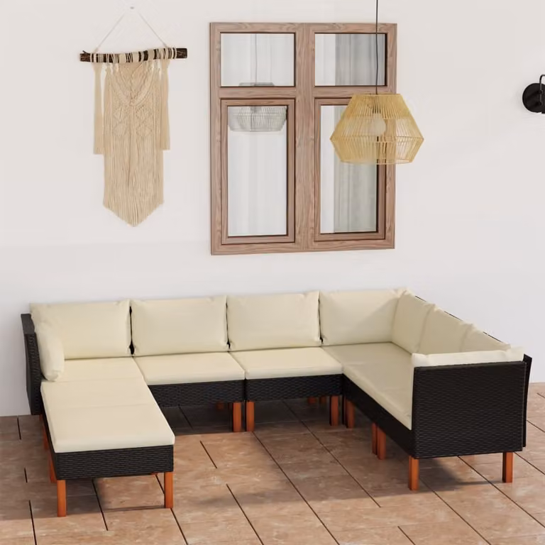 The Living Store Set salotto da giardino 8 pezzi con cuscini in poly rattan nero