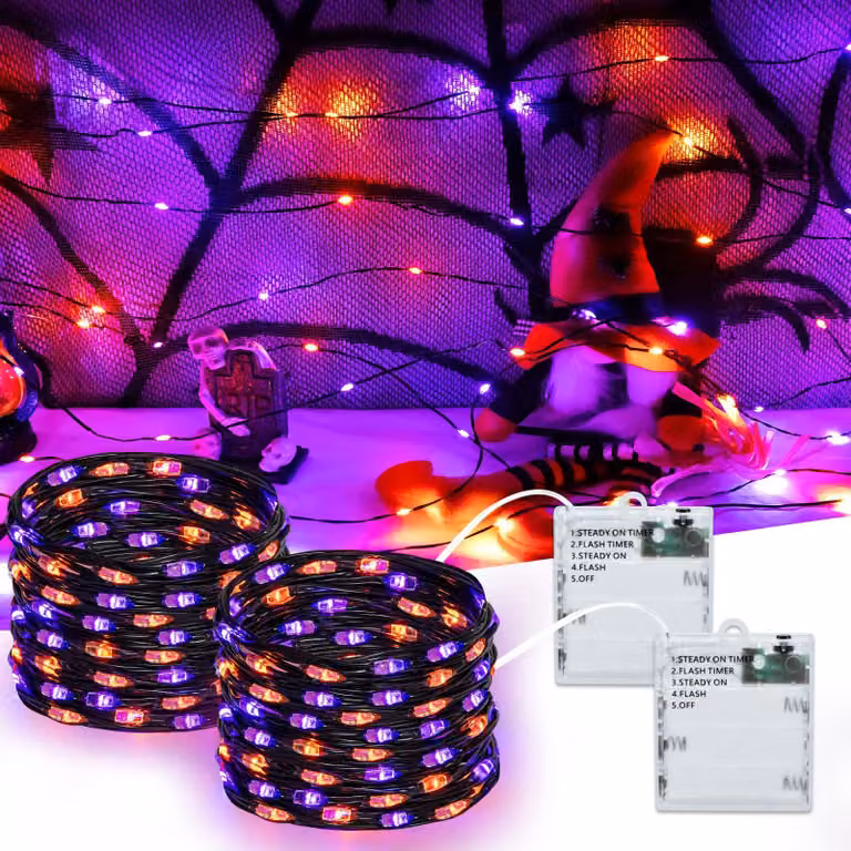 Catena luminosa per Halloween, 5 metri, 50 LED, arancione/viola, 4 modalità, timer