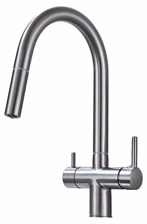 Rubinetto da cucina, a due manopole, girevole a 360 gradi, colore grigio gunmetal