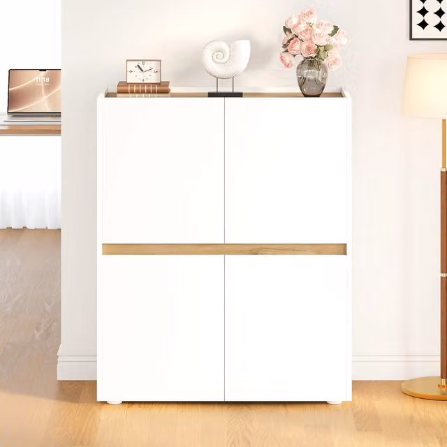 Credenza effetto legno bianco con quattro ante e otto vani; mobile contenitore in pannello truciolare; 90 x 40 x 110 cm