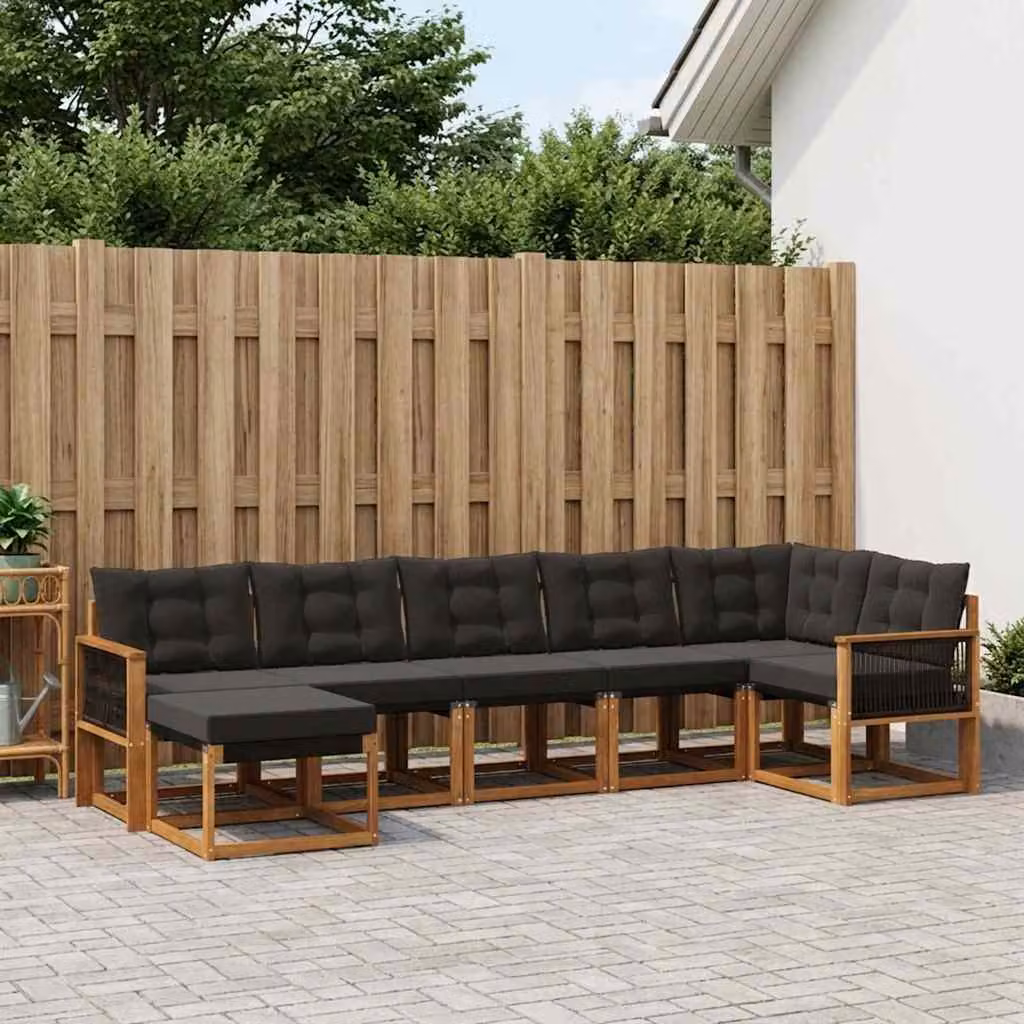 Set di divani da esterno vidaXL 7 pz in legno di acacia con cuscini, forma a L, marrone e nero