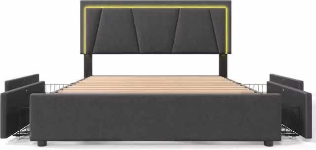 Letto matrimoniale imbottito 140x200 cm con illuminazione LED, 4 cassetti, testiera regolabile in altezza, struttura in metallo grigia
