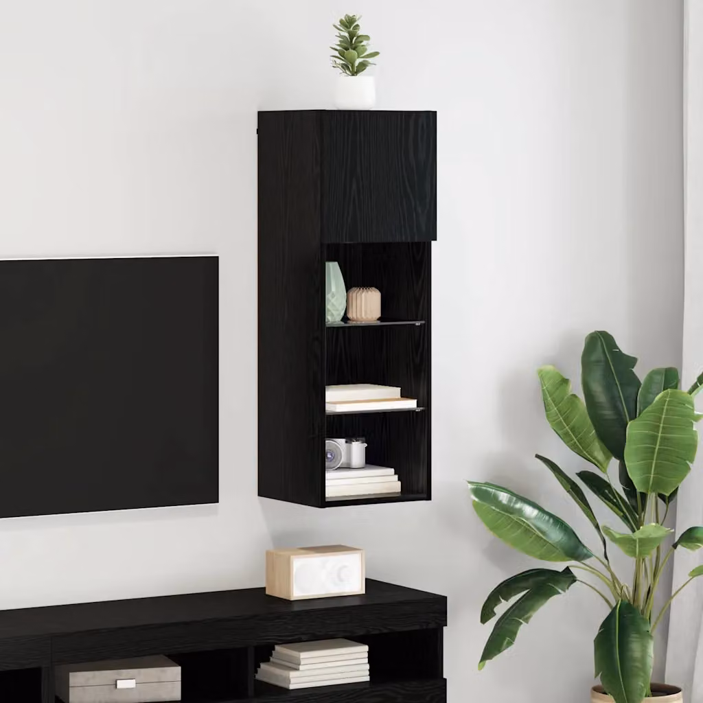 Mobile TV da parete vidaXL moderno in rovere nero con illuminazione integrata L/P/H: 30,5 x 30 x 90 cm