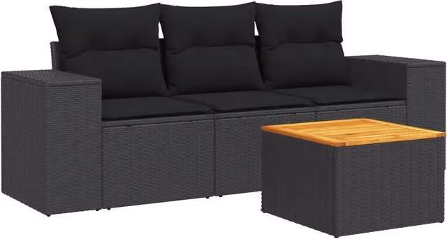 Set Salotto da Giardino Moderno in Polyrattan Nero con Cuscini e Tavolino da Design IN composto da 4 Pezzi