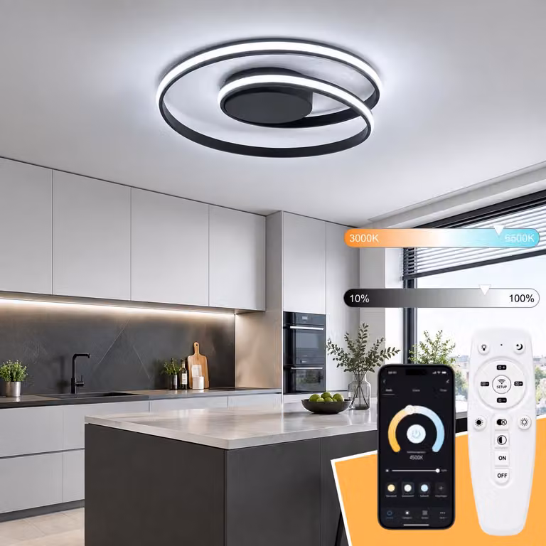 Plafoniera LED intelligente, colore nero, diametro 50 cm, lampada da soffitto con controllo tramite app e telecomando, dimmeraggio continuo da 3000 a 6500K, regolazione della temperatura del colore (CCT), luce notturna, funzione di memoria, design moderno
