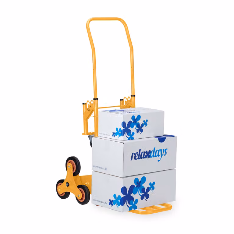 Carrello saliscale Relaxdays, carrello da trasporto pieghevole, fino a 50/150 kg, ruote in gomma piena, regolabile in altezza, giallo