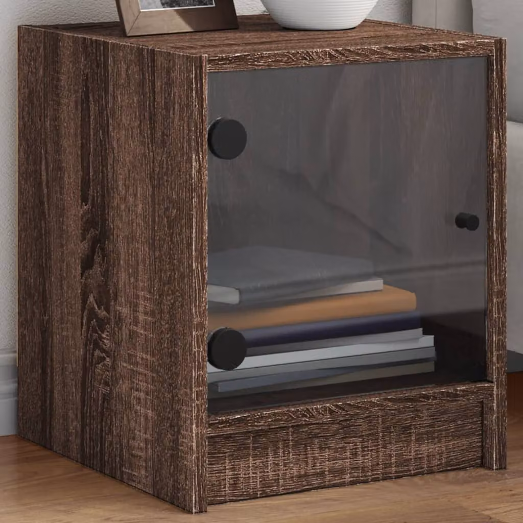 Set di 2 comodini vidaXL con ante in vetro, colore rovere marrone, L 35 cm x P 37 cm x H 42 cm
