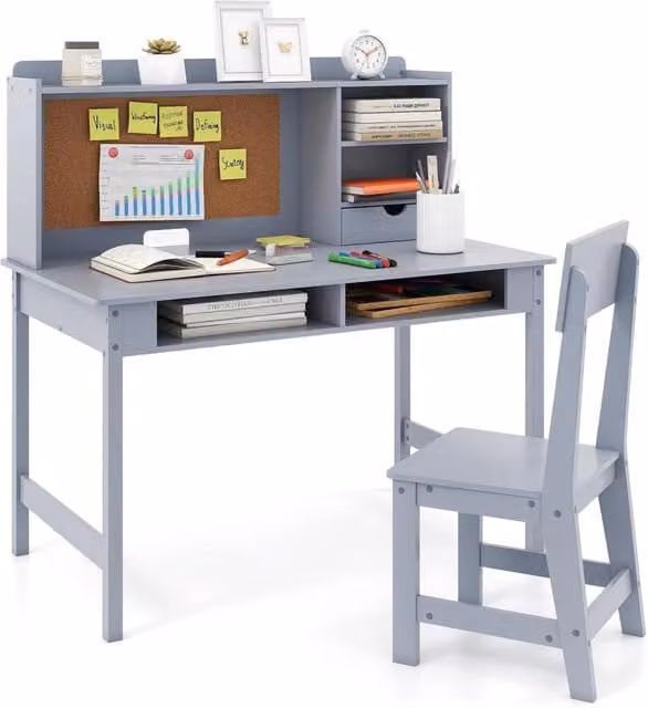 Set Scrivania e Sedia per Bambini Costway in Legno e MDF Grigio con Ripiani e Cassetto per Studio e Lettura L: 110 cm, P: 60 cm, H: 50 cm