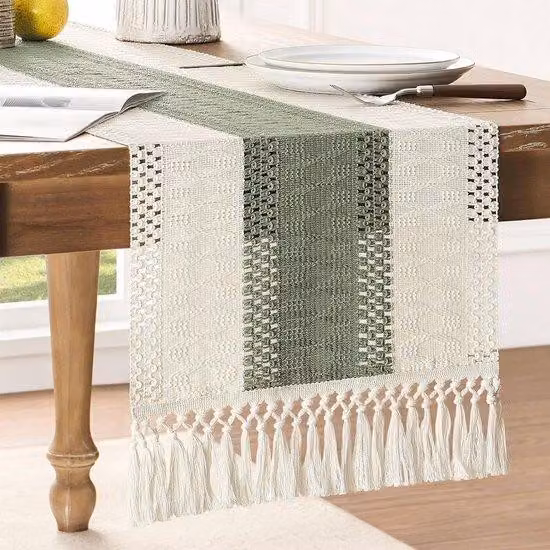 Runner da tavola in stile bohemien, 183 cm, cucito, verde/avorio, verde salvia, stile country