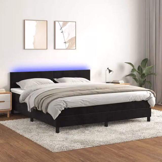 Letto matrimoniale moderno vidaXL in velluto nero con materasso ibrido, illuminazione LED sottostante e porta USB, L/P/H: 180 x 200 x 78 cm – 1