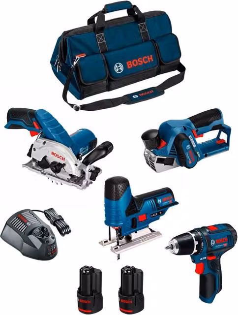 Kit utensili Bosch 12V BMKB4-28AD2 blu con GKS 12V-26, GST 12V-70, GHO 12V-20, GSR 12V-15, 2 batterie da 2,0 Ah, caricabatterie GAL1230CV e borsa HDBAG