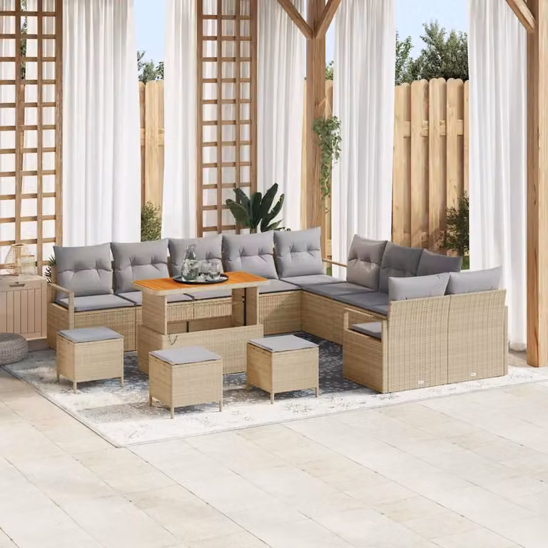 Set Divano da Giardino vidaXL 14 pz a Forma a L con Poltrona, Tavolino e Pouf, Colore Beige, Struttura in Metallo e Polyrattan con Cuscini Inclusi
