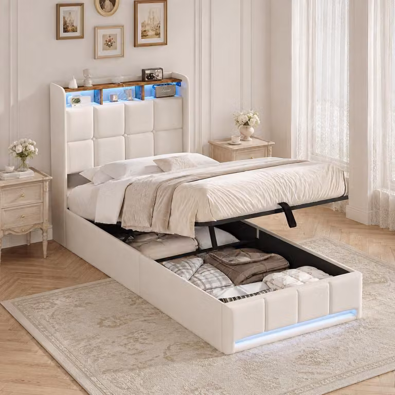 Letto con rete a molle INONEFT, letto imbottito 90 x 200 cm, letto con sistema di sollevamento idraulico e spazio contenitore, letto singolo con USB e LED, letto per ragazzi, colore: lino, beige