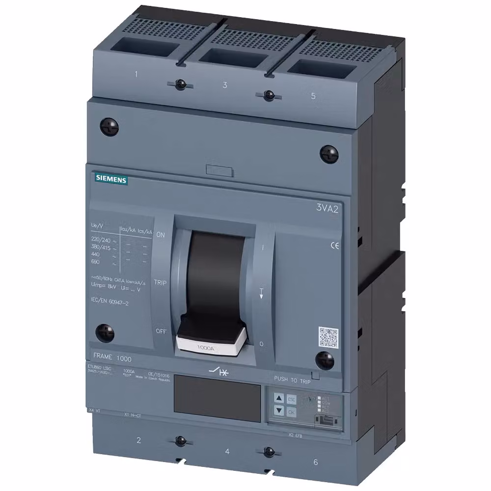 Interruttore di potenza Siemens 3VA2, telaio IEC 1000, classe di capacità di interruzione H, Icu=85 kA a 415 V, 3VA25636KQ320AA0