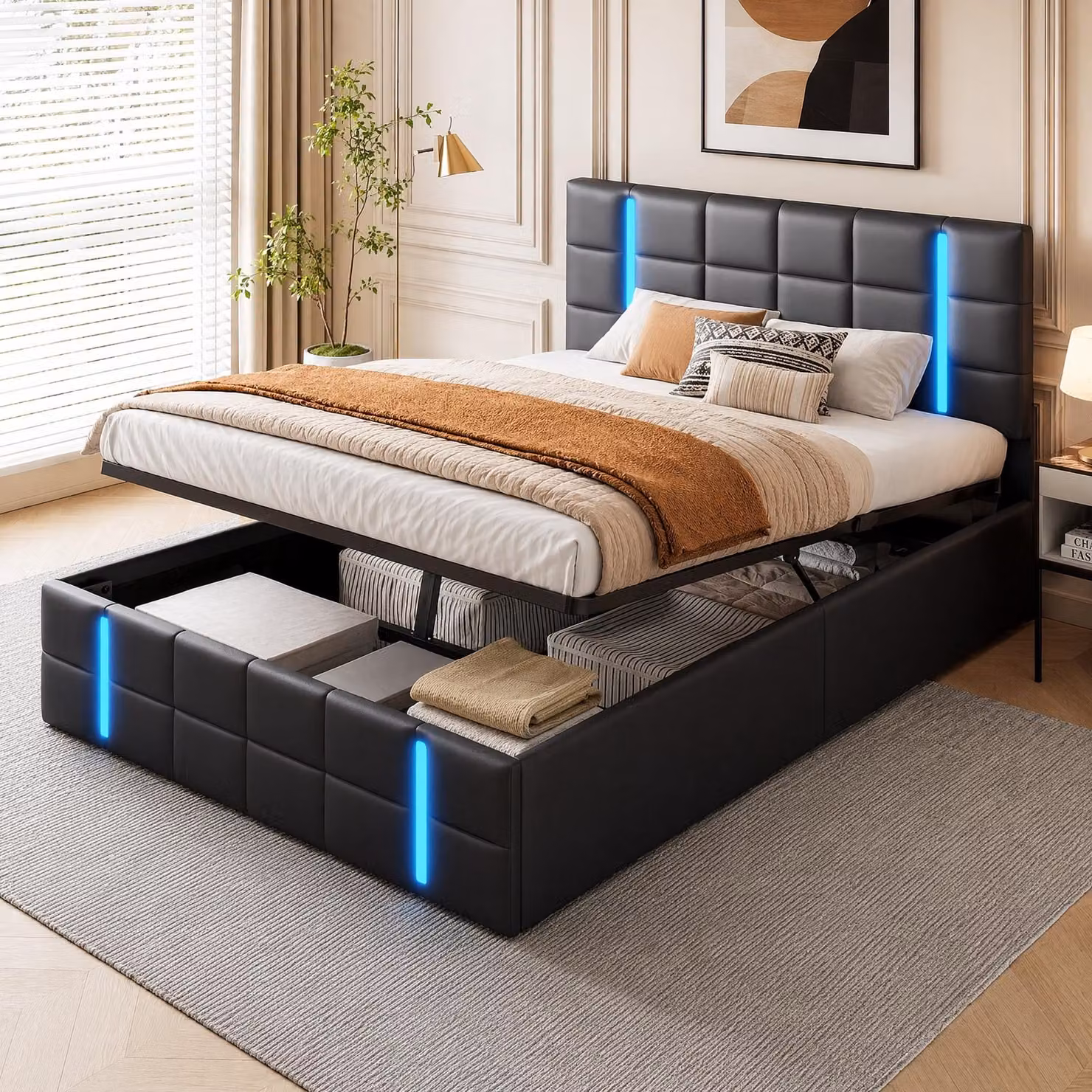 Letto imbottito INONEFT, 160 x 200 cm, letto matrimoniale con testiera LED e USB, letto con spazio contenitore ad apertura idraulica, letto per ragazzi, letto multifunzionale, rivestito in PU, colore nero