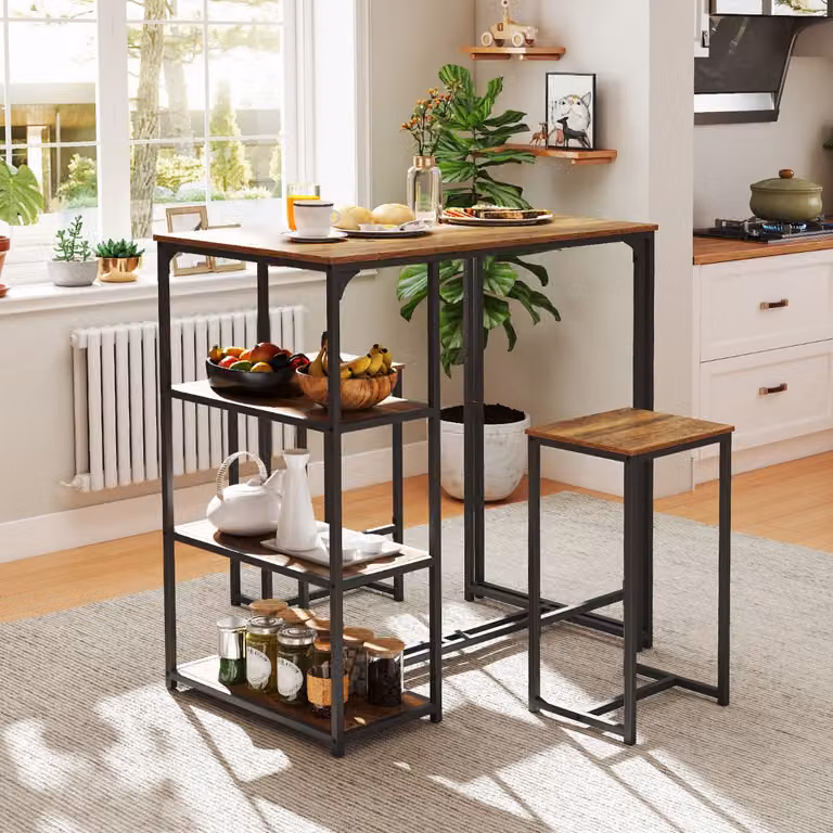 Set di 3 pezzi tavoli da bar e sedie Costway in stile industriale color marrone per cucina o ufficio in casa