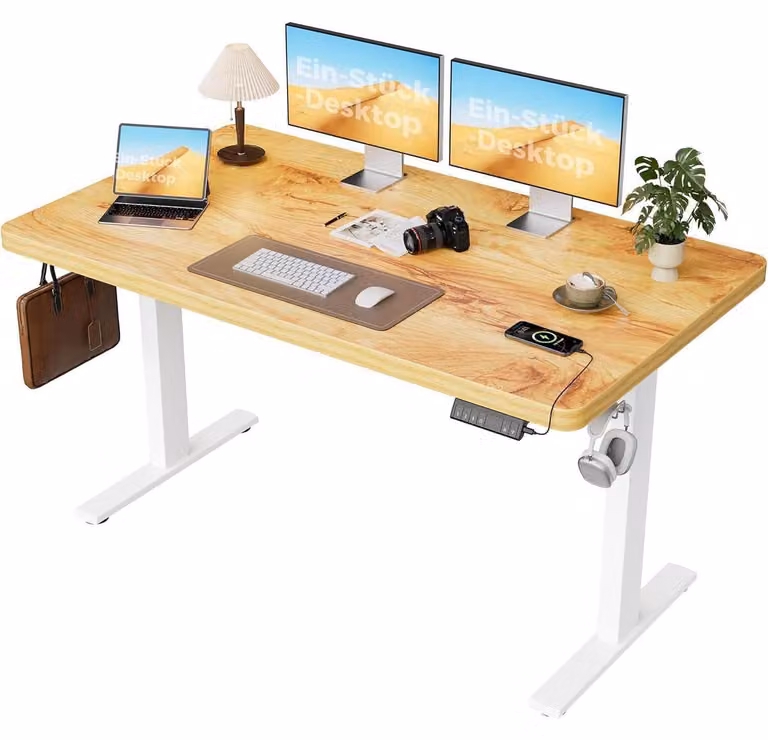 Scrivania regolabile in altezza, dimensioni 140x80 cm, con 2 motori e piano di 28 mm di spessore, color marrone chiaro