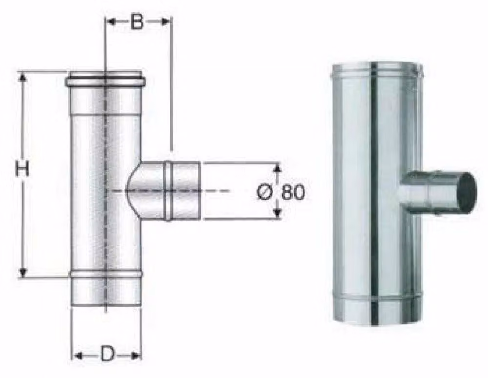 inox mono parete aisi 316 raccordo a t 90 rid.a 80 d.130