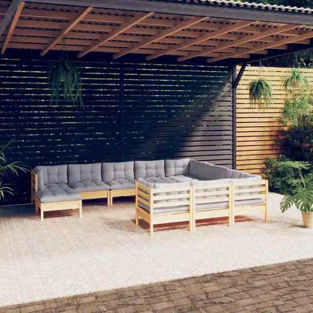 Set di Divani da Giardino vidaXL in Legno di Pino con 11 Pezzi e Cuscini Grigi