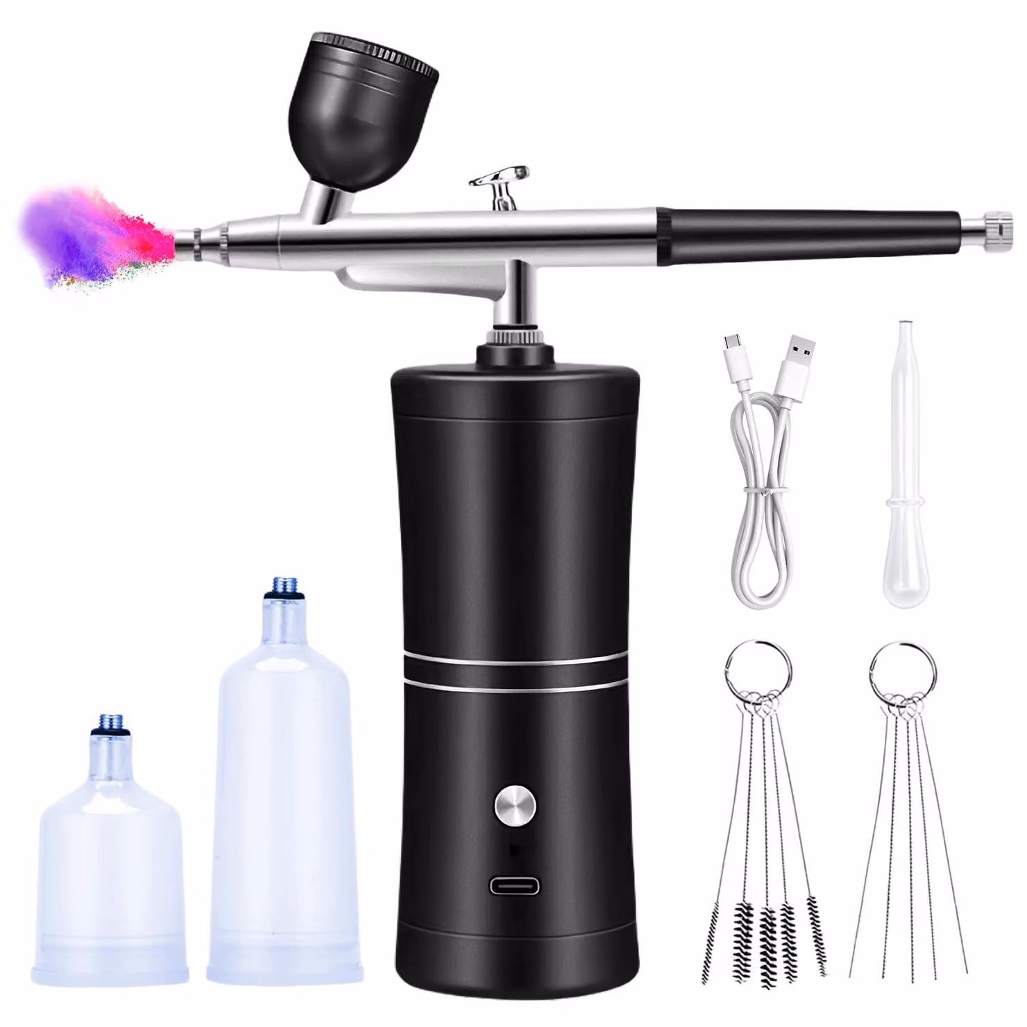 Kit per aerografo con compressore, interfaccia USB, doppia azione, capacità 60 ml, colore nero
