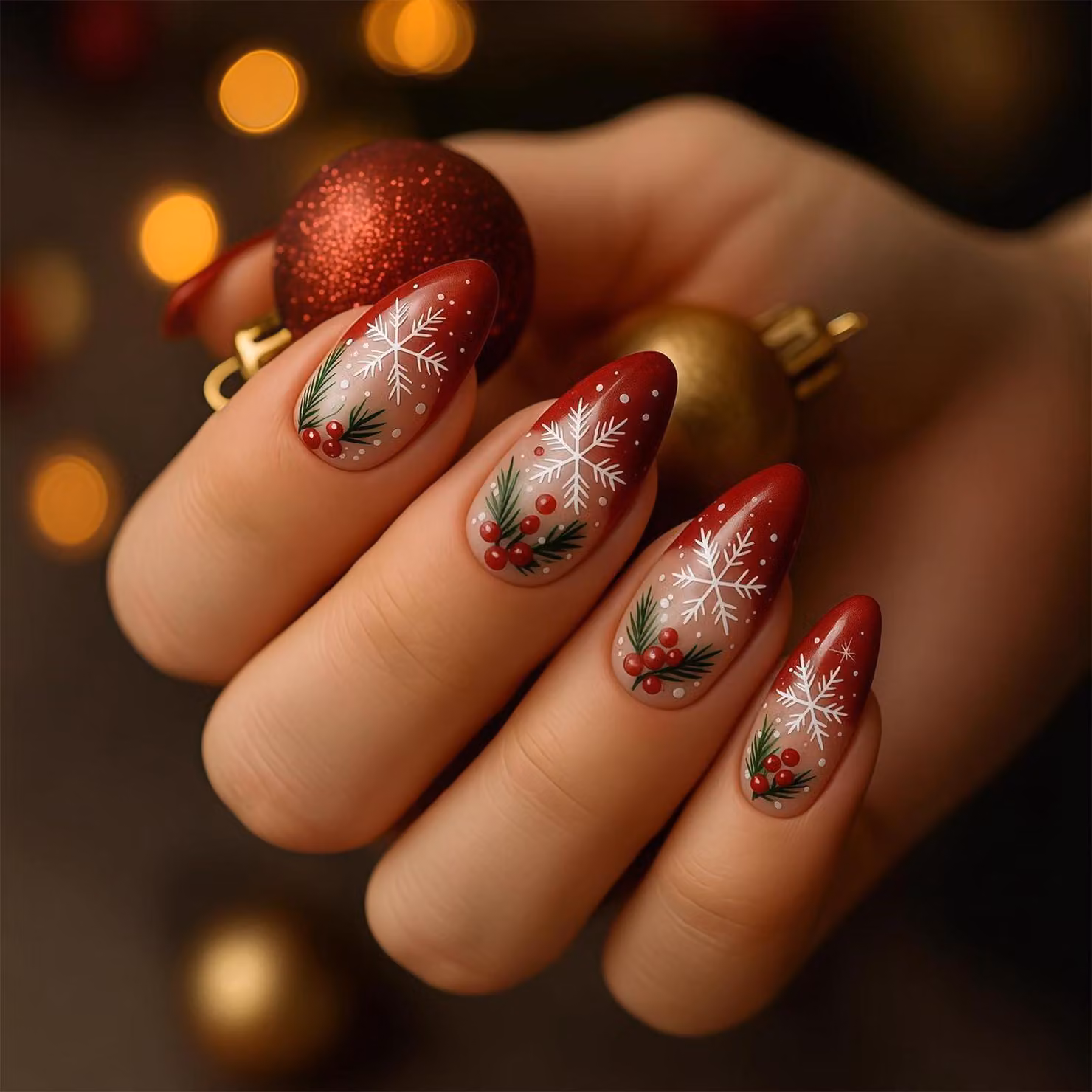 Unghie finte a mandorla, effetto sfumato rosso, stile francese, con decorazioni a fiocchi di neve, confezione da 24 pezzi
