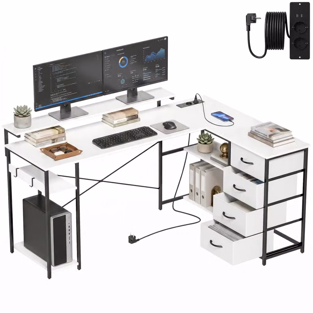 Scrivania Angolare a L Design In Bianca con Struttura in Metallo e MDF per Home Office – 2