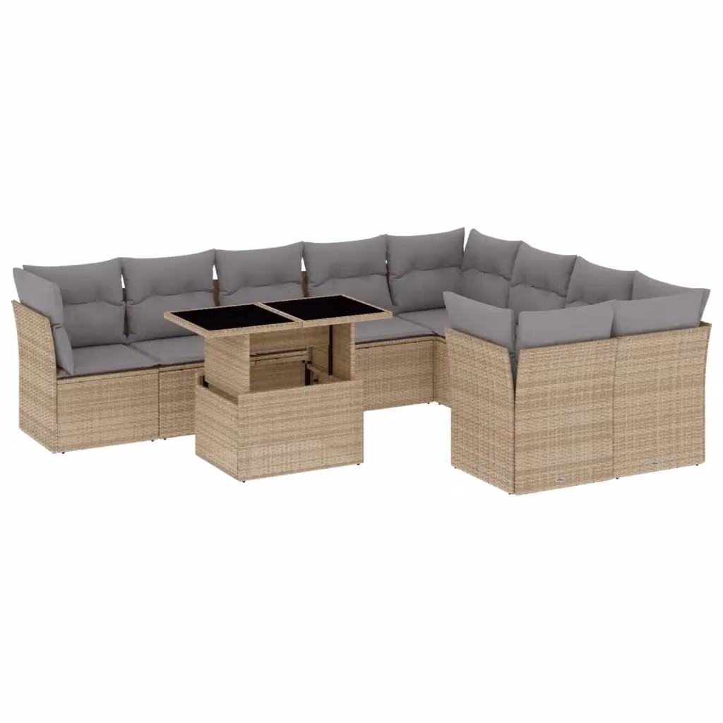 vidaXL Set Divano da Giardino 10 pz a forma di U con Cuscini Beige e Tavolino in Polyrattan e Acciaio – 2