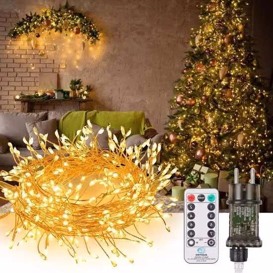 Cavo di illuminazione LED a filo di rame con 300 LED, colore oro/ottone, luce bianco caldo, impermeabile IP65, lunghezza 5 metri, ideale per decorazioni natalizie per interni ed esterni