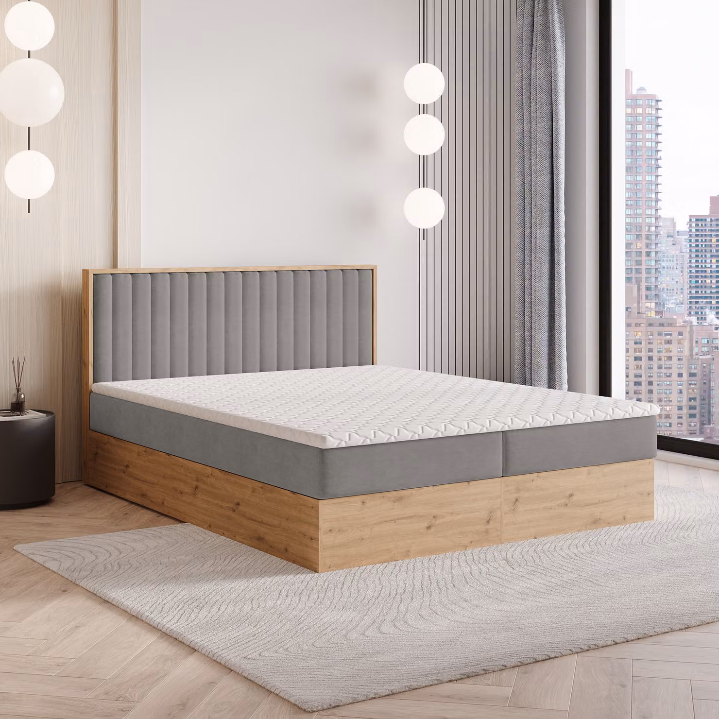 Letto a molle Masseno VARELI 180x200 cm completo di materasso e topper Bonell, letto imbottito con cassettiera -grigio, SORO 90