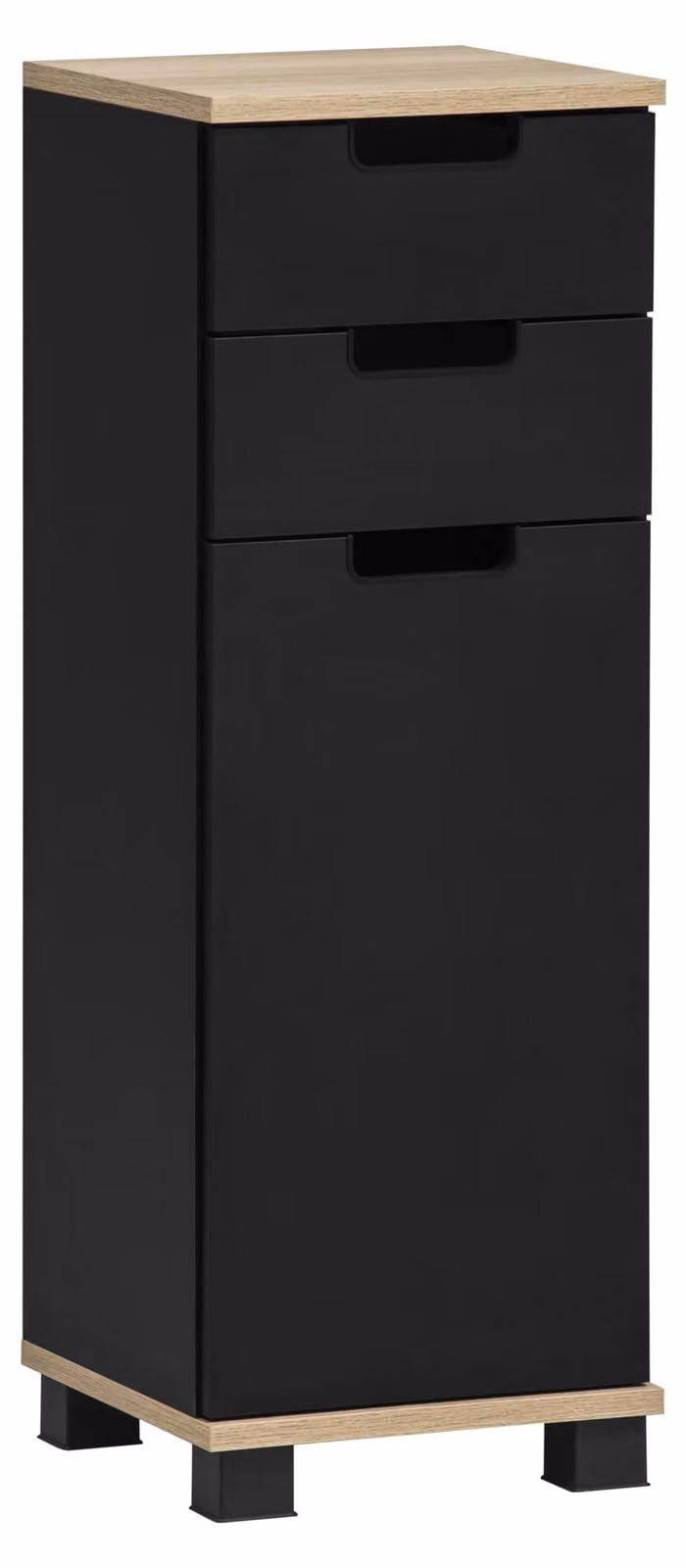 Mobile contenitore con 1 anta e 2 cassetti, finitura nero opaco/effetto legno di quercia, dimensioni 30,3 x 32,6 x 88,1 cm