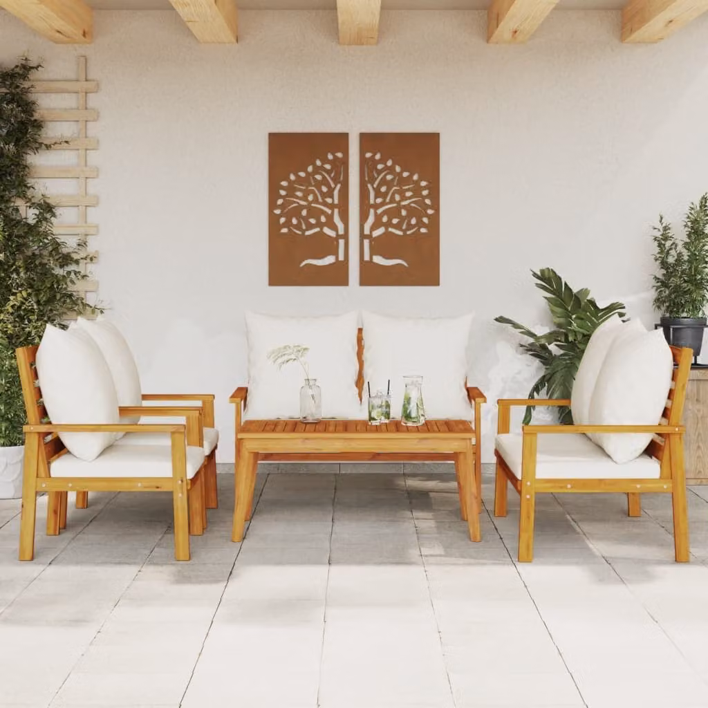 vidaXL Set Salotto da Giardino 5 pz in Legno di Acacia con Cuscini Bianchi e Marroni – 1