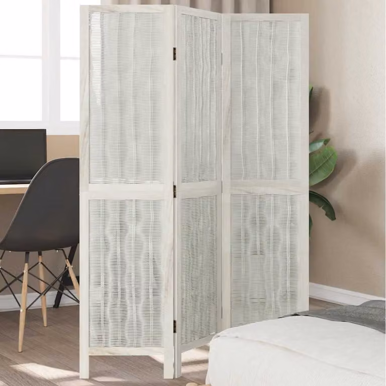 Divisorio Ambienti vidaXL in Legno e Rattan Bianco, Design Scandinavo, 3 Pannelli