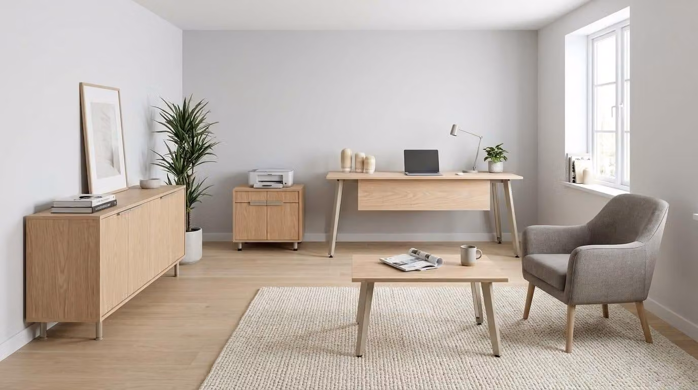Arredamento da ufficio elegante. Scrivania moderna. Comodino esclusivo
