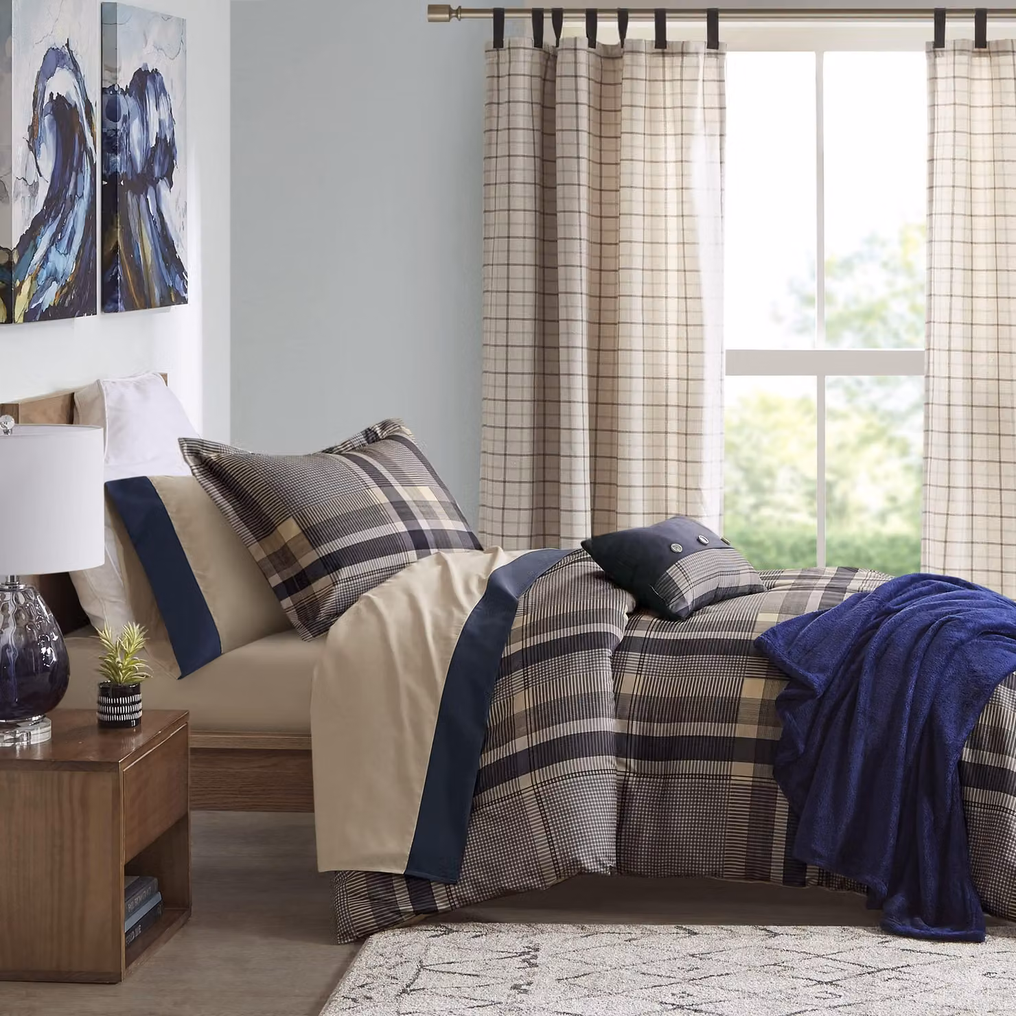 Set di lenzuola per letto a due piazze extra-large, in poliestere, colore blu navy/beige, composto da 7 pezzi