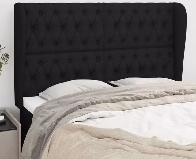 Testiera per letto vidaXL in tessuto nero con struttura in legno e pannello imbottito, L: 147 cm, P: 23 cm, H: 118/128 cm