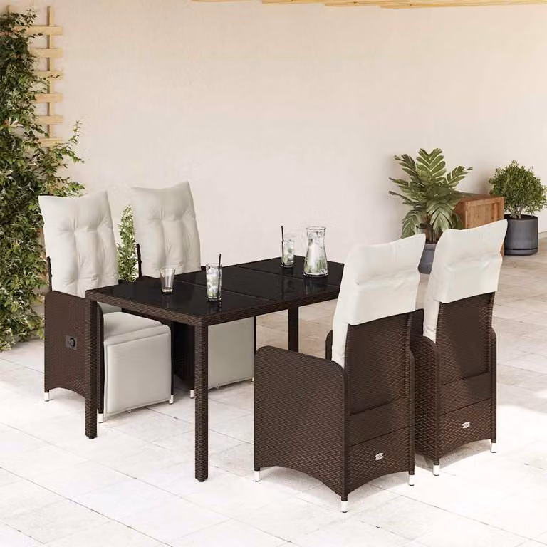 Set Bistrò da Giardino e Balcone vidaXL in Polyrattan e Metallo con Piano in Vetro, 5 Pezzi, Marrone e Bianco