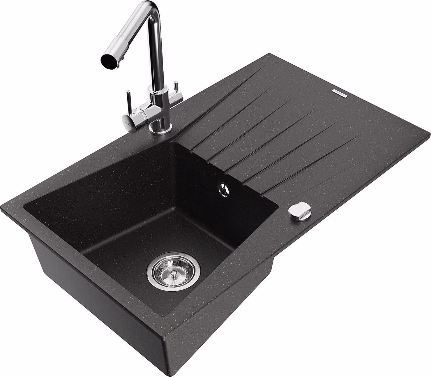 Mexen Cesar lavello in granito a 1 vasca con scolapiatti e rubinetto da cucina Duero, nero/oro metallizzato - 6514-75-671600-00
