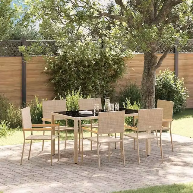 Set da pranzo da giardino vidaXL in polyrattan e legno di acacia con tavolo in vetro, 7 pezzi, beige e marrone