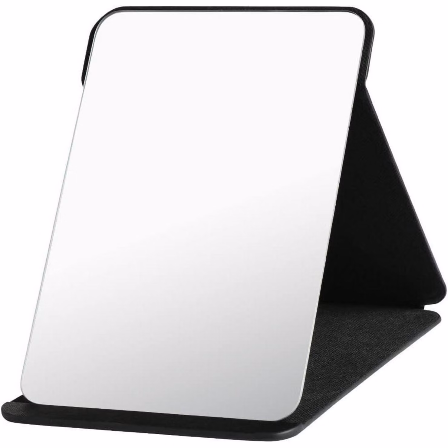 Specchio da trucco pieghevole, extra grande, 25,5 x 18 cm, nero, in ecopelle, con vetro HD