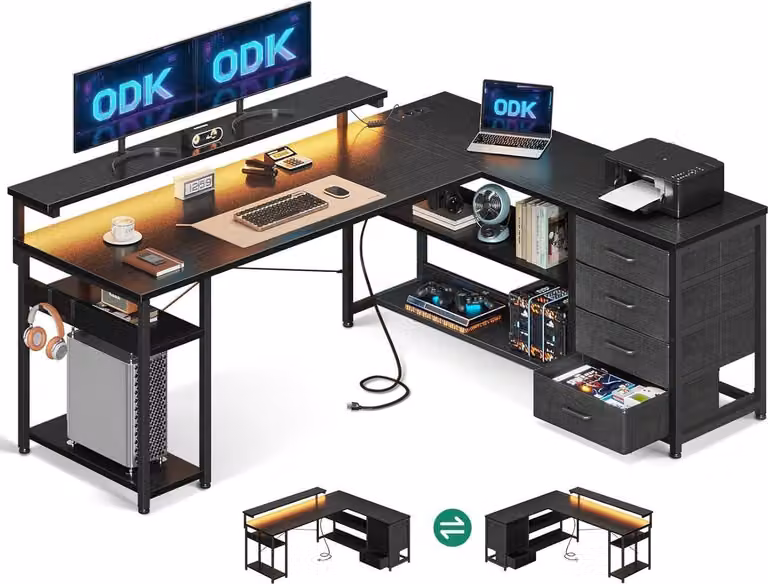 ODK scrivania da gioco a L con LED e porte USB 155×110 cm nero